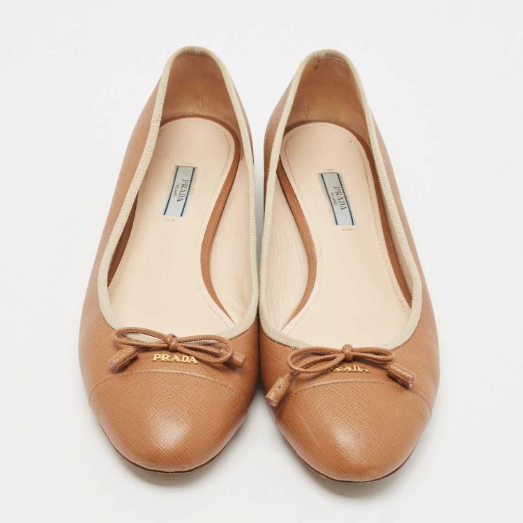 Pre Owned Prada Brown Leather Bow Ballet Flats Size 42