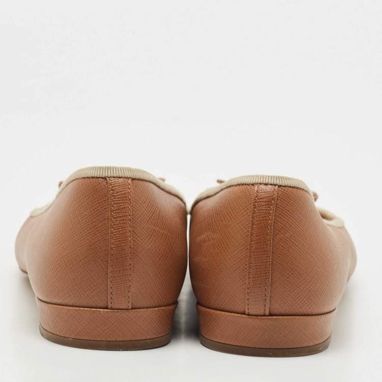 Pre Owned Prada Brown Leather Bow Ballet Flats Size 42