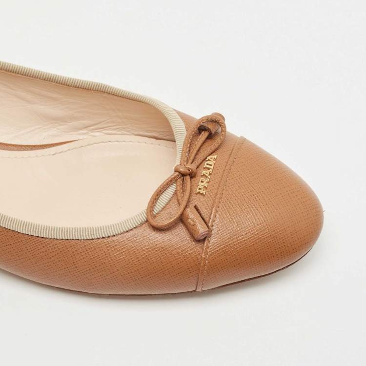 Pre Owned Prada Brown Leather Bow Ballet Flats Size 42