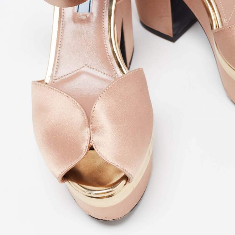 Pre Owned Prada Pink Satin Peep Toe Platform Ankle Strap Sandals Size 38