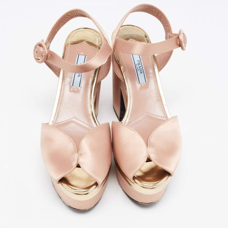Pre Owned Prada Pink Satin Peep Toe Platform Ankle Strap Sandals Size 38