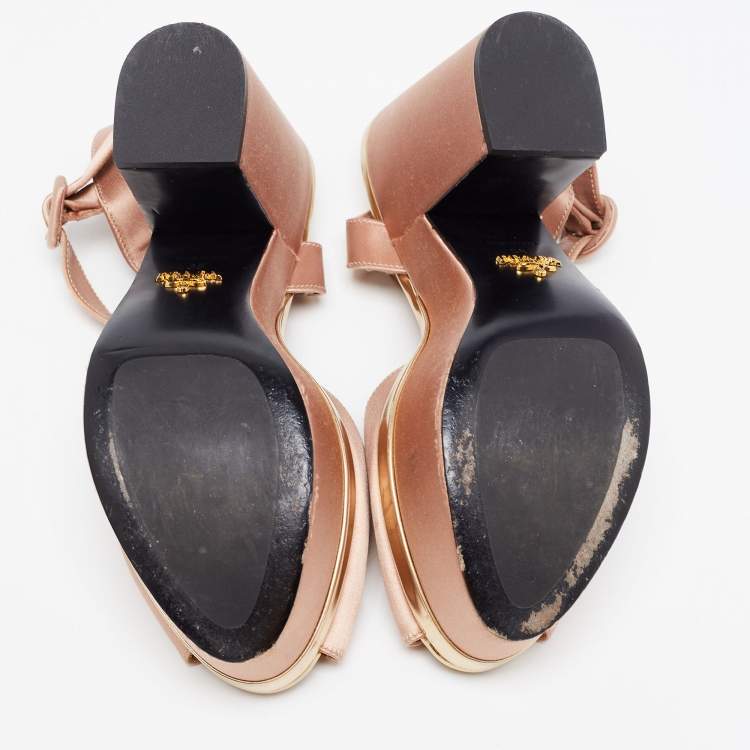 Pre Owned Prada Pink Satin Peep Toe Platform Ankle Strap Sandals Size 38