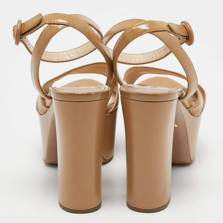 Pre Owned Prada Beige Saffiano Vernice Leather Platform Ankle Strap Sandals Size 37.5