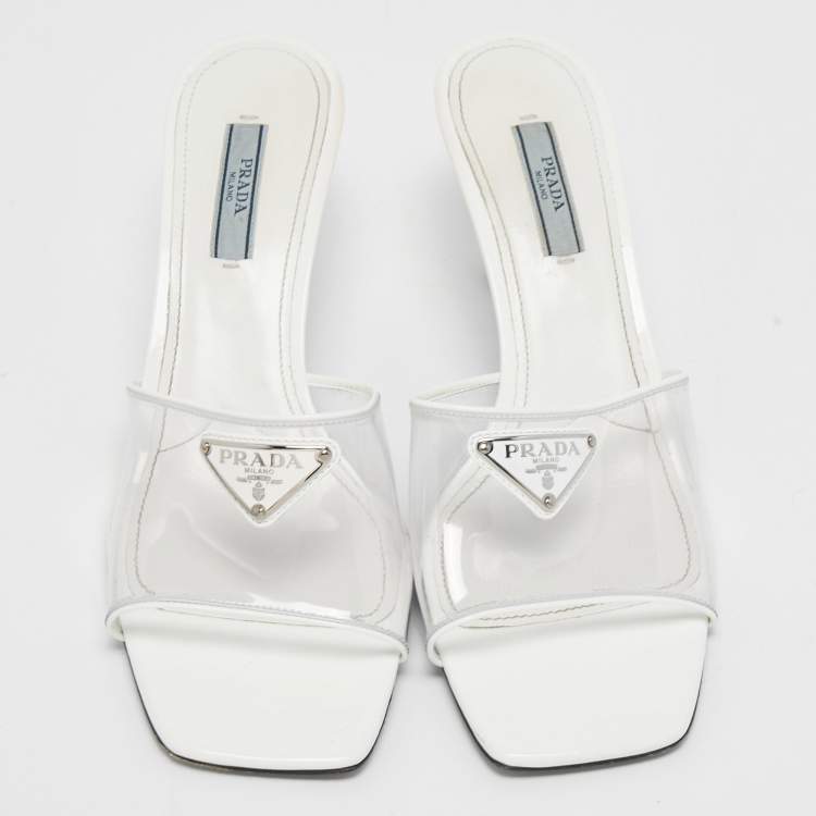 Pre Owned Prada Transparent/White PVC and Patent Leather Trim Triangle Logo Slide Sandals Size 38