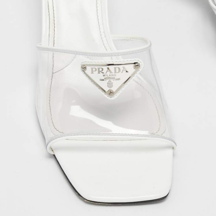 Pre Owned Prada Transparent/White PVC and Patent Leather Trim Triangle Logo Slide Sandals Size 38