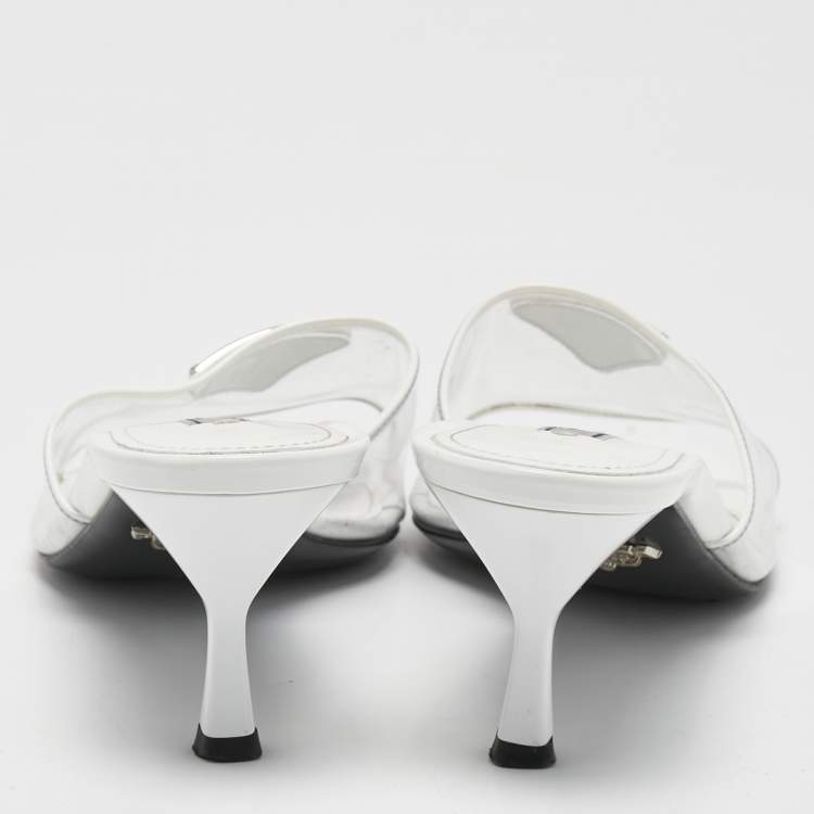 Pre Owned Prada Transparent/White PVC and Patent Leather Trim Triangle Logo Slide Sandals Size 38