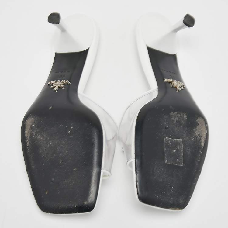 Pre Owned Prada Transparent/White PVC and Patent Leather Trim Triangle Logo Slide Sandals Size 38