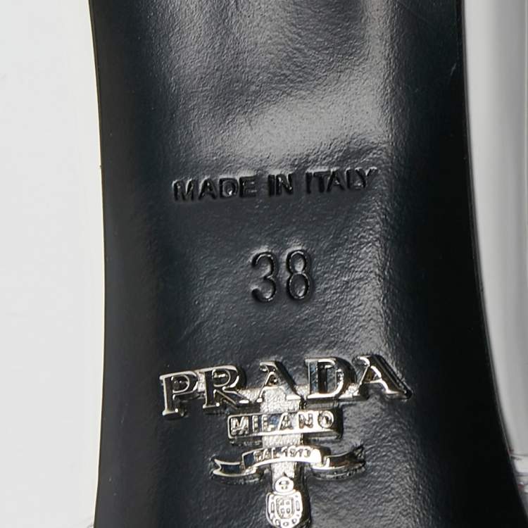 Pre Owned Prada Transparent/White PVC and Patent Leather Trim Triangle Logo Slide Sandals Size 38