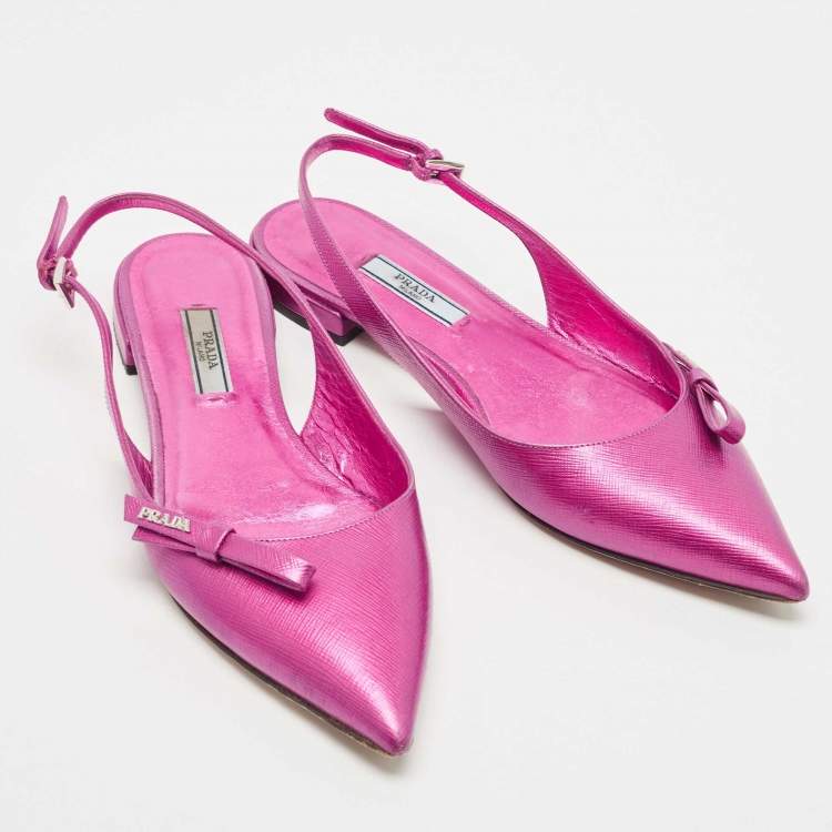 Pre Owned Prada Metallic Pink Leather Bow Pointed Toe Slingback Flats Size 37.5