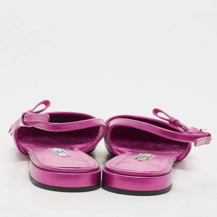Pre Owned Prada Metallic Pink Leather Bow Pointed Toe Slingback Flats Size 37.5