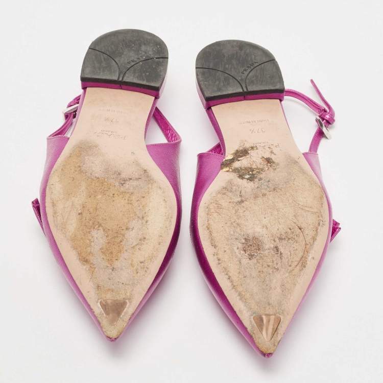 Pre Owned Prada Metallic Pink Leather Bow Pointed Toe Slingback Flats Size 37.5