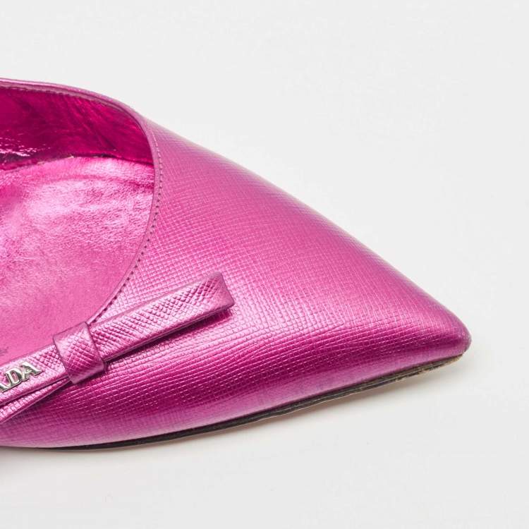 Pre Owned Prada Metallic Pink Leather Bow Pointed Toe Slingback Flats Size 37.5