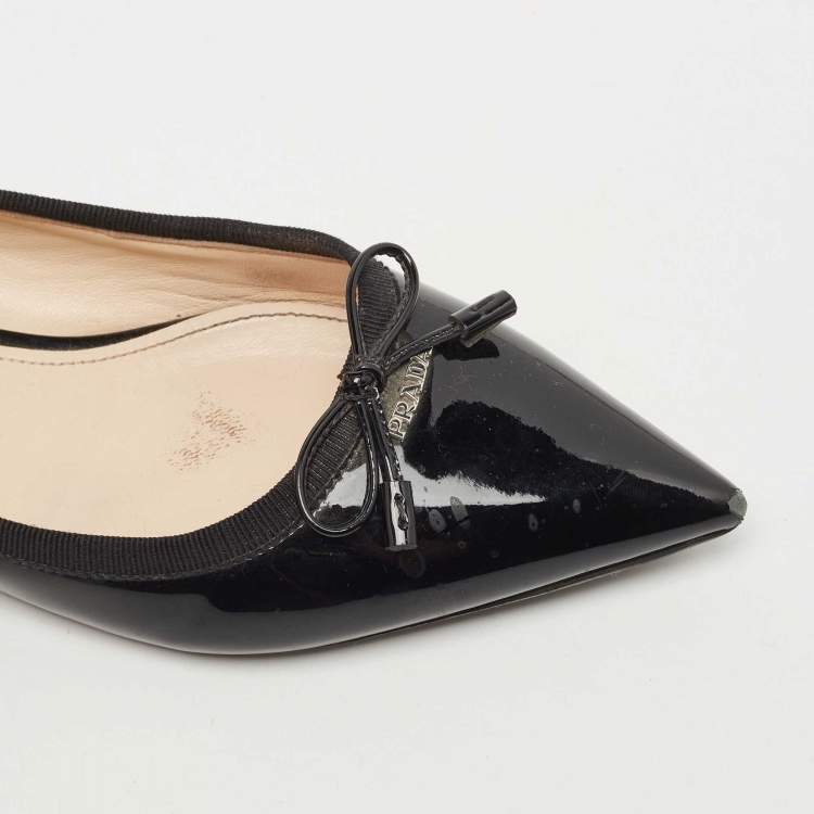 Pre Owned Prada Black Patent Leather Bow Ballet Flats Size 37.5