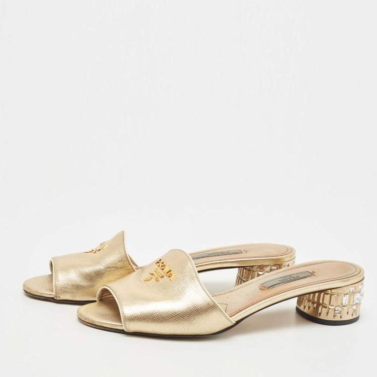 Pre Owned Prada Gold Leather Crystal Embellished Heel Slide Sandals Size 37.5