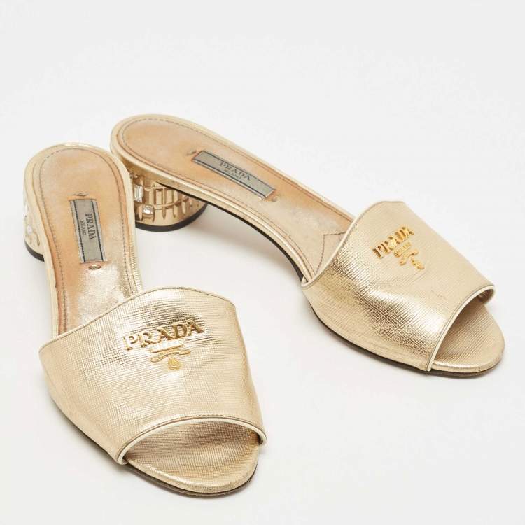 Pre Owned Prada Gold Leather Crystal Embellished Heel Slide Sandals Size 37.5