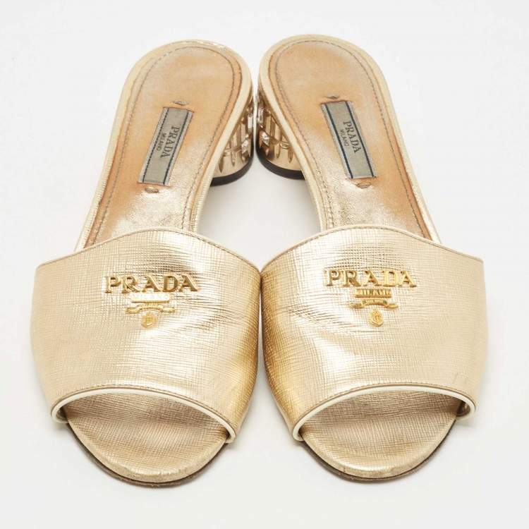 Pre Owned Prada Gold Leather Crystal Embellished Heel Slide Sandals Size 37.5