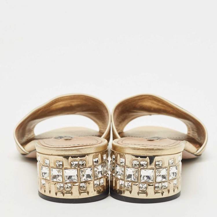 Pre Owned Prada Gold Leather Crystal Embellished Heel Slide Sandals Size 37.5