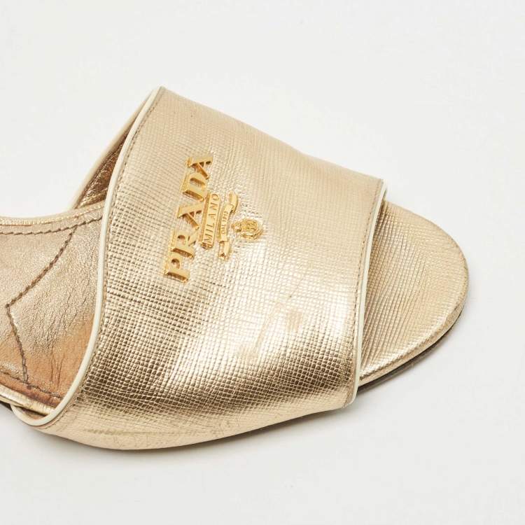 Pre Owned Prada Gold Leather Crystal Embellished Heel Slide Sandals Size 37.5