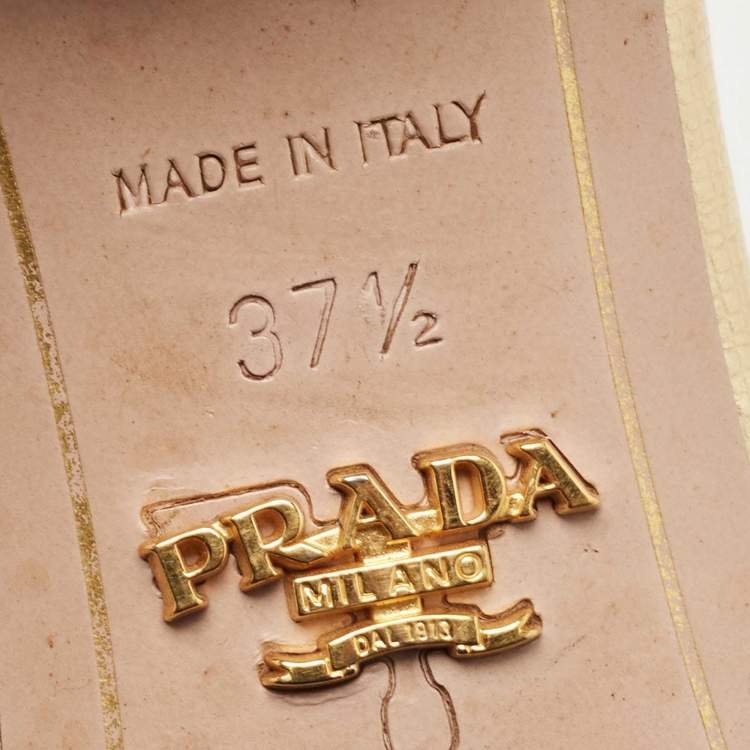 Pre Owned Prada Gold Leather Crystal Embellished Heel Slide Sandals Size 37.5