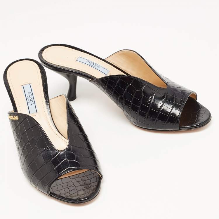 Pre Owned Prada Black Croc Embossed Leather Mules Size 39