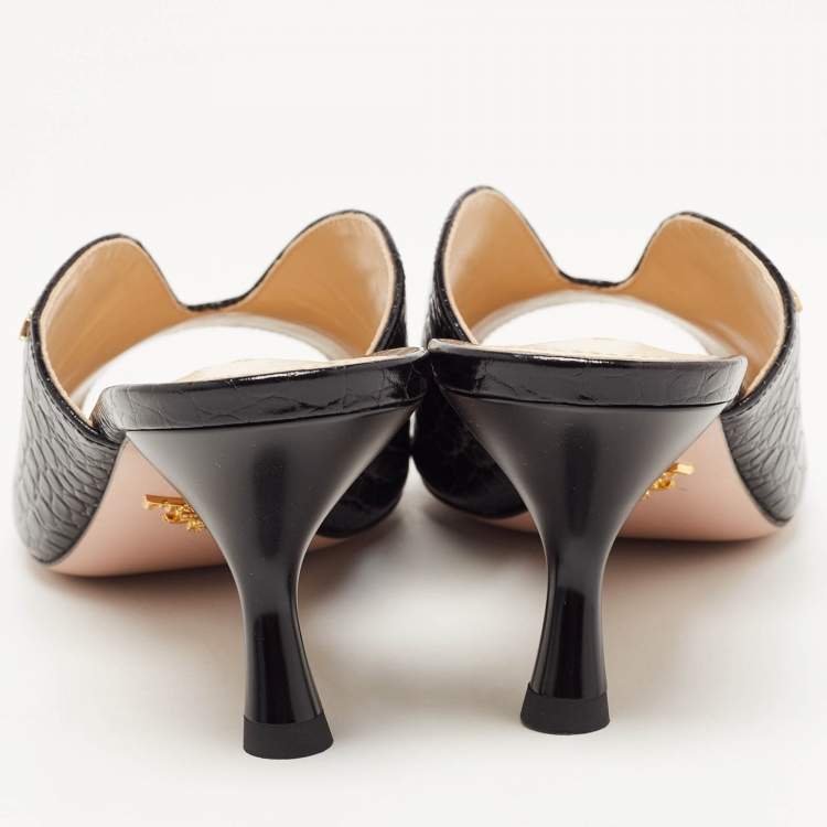 Pre Owned Prada Black Croc Embossed Leather Mules Size 39