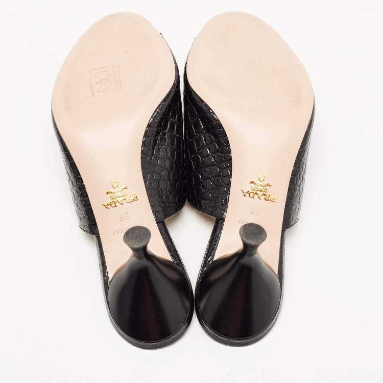 Pre Owned Prada Black Croc Embossed Leather Mules Size 39