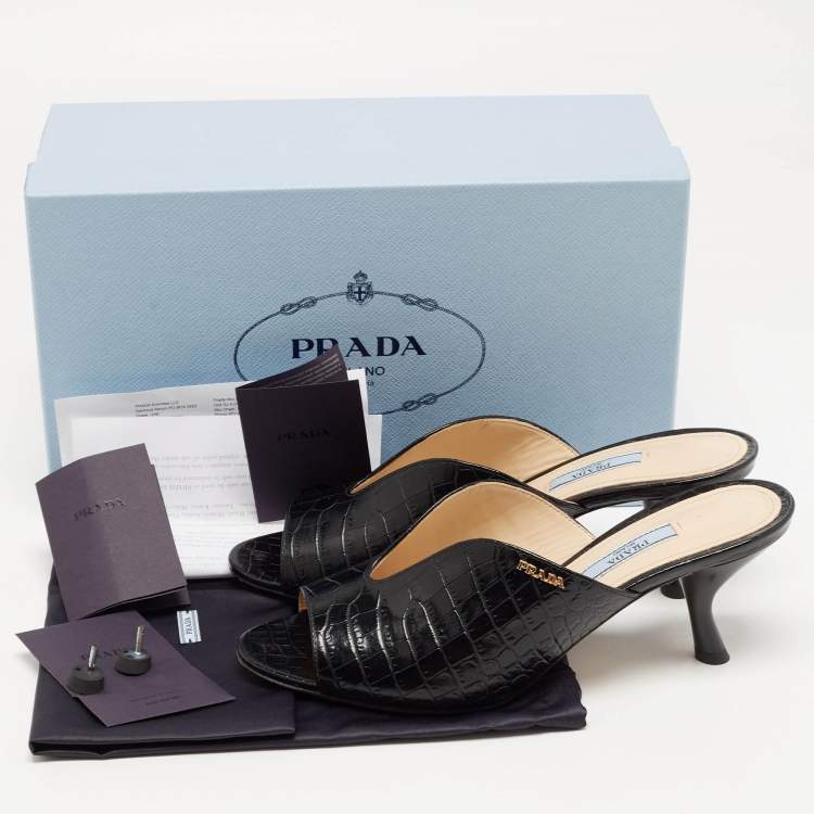 Pre Owned Prada Black Croc Embossed Leather Mules Size 39