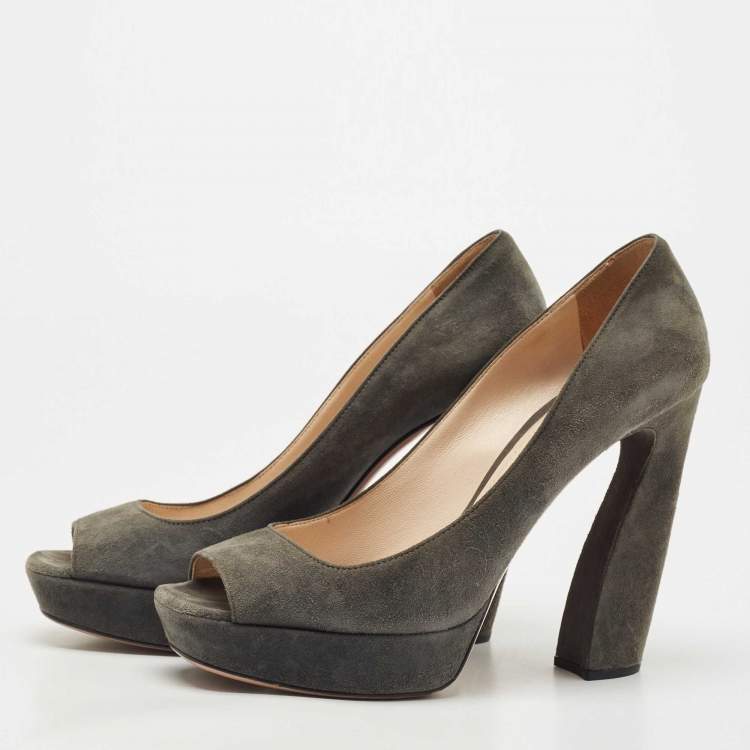 Pre Owned Prada Dark Grey Suede Peep Toe Platform Pumps Size 40