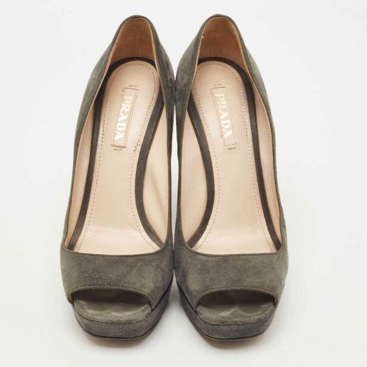 Pre Owned Prada Dark Grey Suede Peep Toe Platform Pumps Size 40