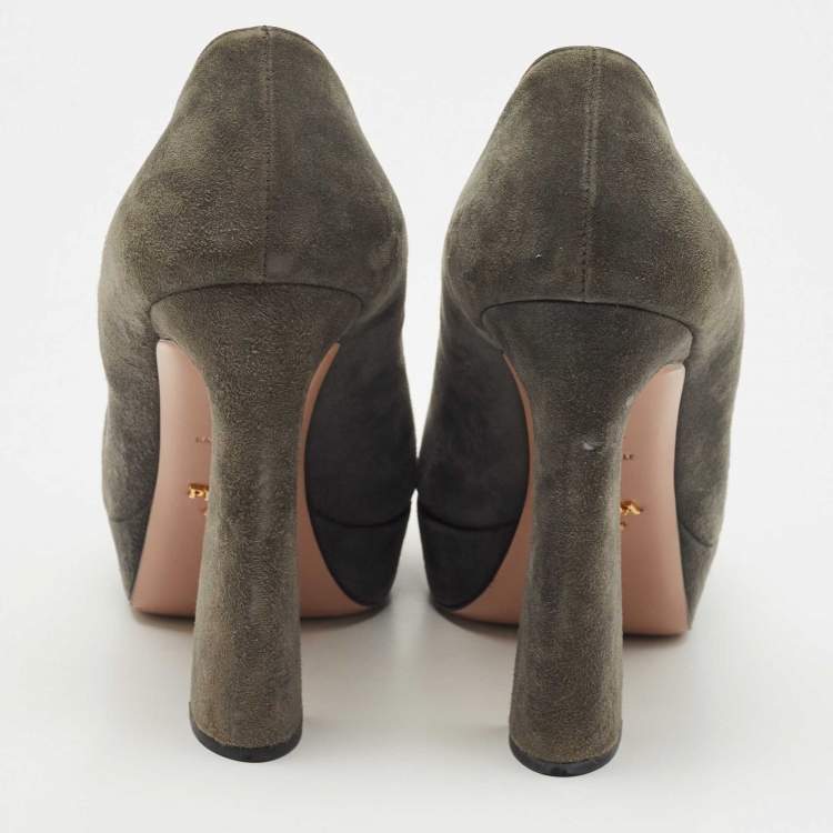 Pre Owned Prada Dark Grey Suede Peep Toe Platform Pumps Size 40