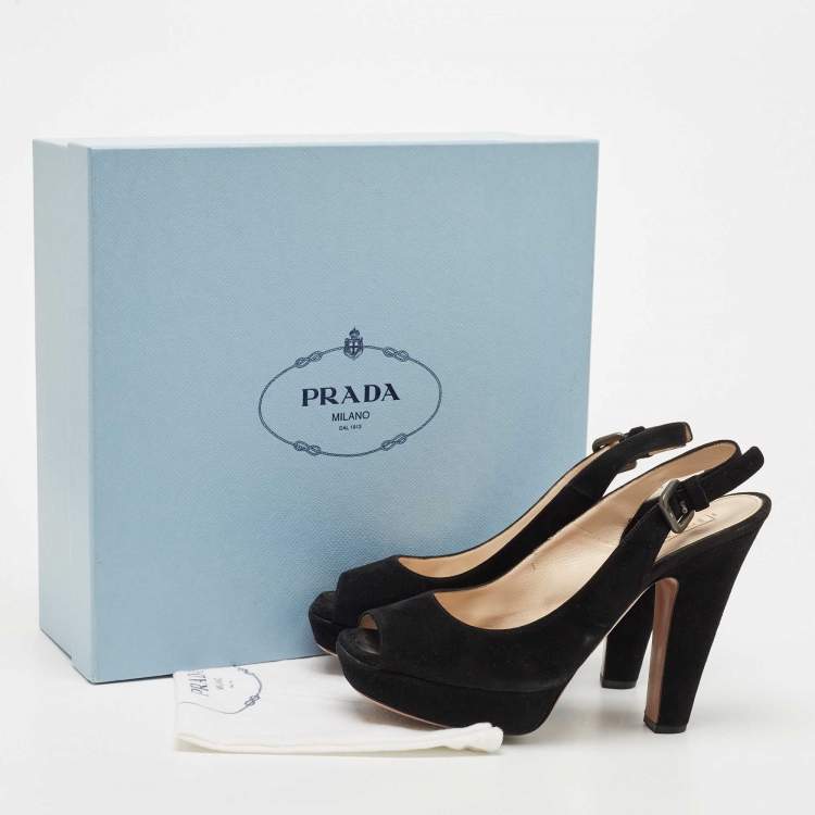 Pre Owned Prada Black Suede Peep Toe Slingback Platform Pumps Size 40.5