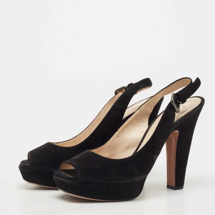 Pre Owned Prada Black Suede Peep Toe Slingback Platform Pumps Size 40.5