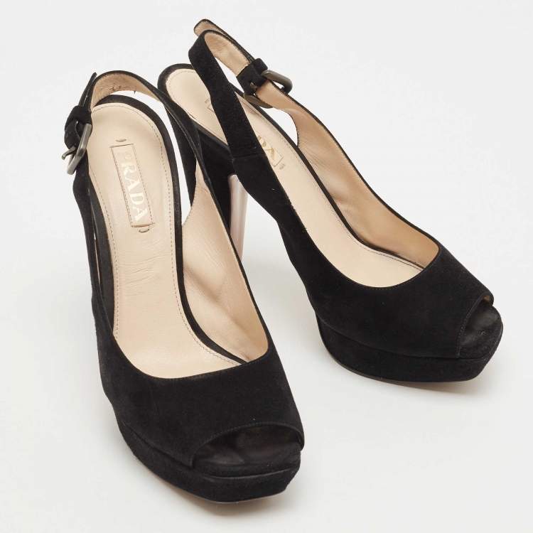 Pre Owned Prada Black Suede Peep Toe Slingback Platform Pumps Size 40.5