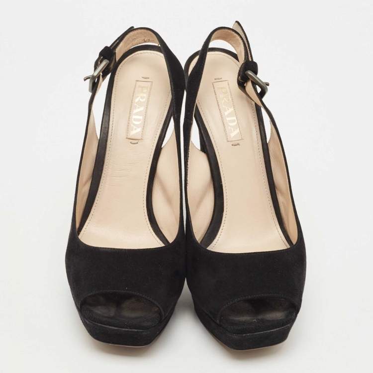 Pre Owned Prada Black Suede Peep Toe Slingback Platform Pumps Size 40.5