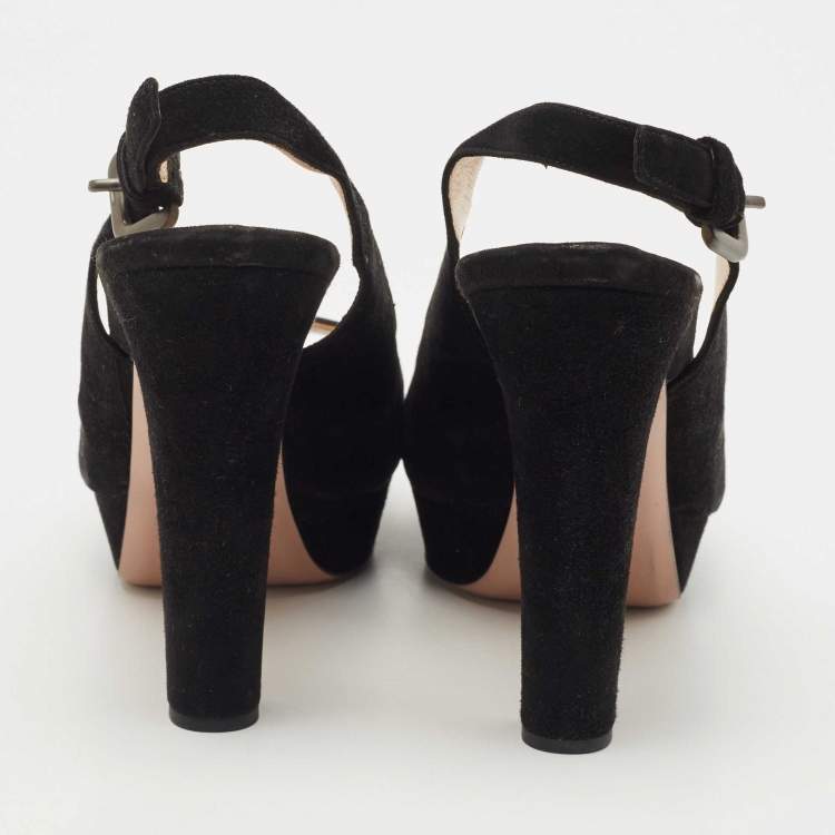 Pre Owned Prada Black Suede Peep Toe Slingback Platform Pumps Size 40.5