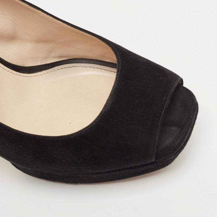 Pre Owned Prada Black Suede Peep Toe Slingback Platform Pumps Size 40.5