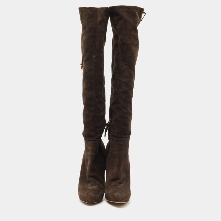 Pre Owned Prada Brown Suede Heel Knee Length Boots Size 40