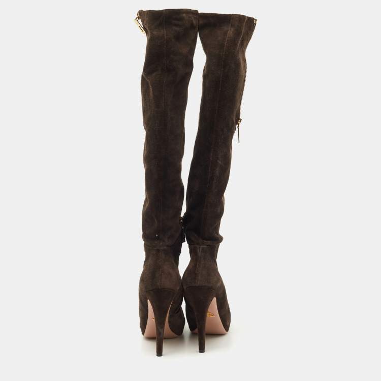 Pre Owned Prada Brown Suede Heel Knee Length Boots Size 40