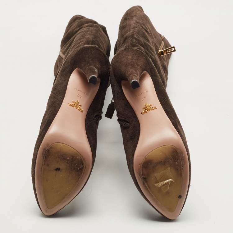 Pre Owned Prada Brown Suede Heel Knee Length Boots Size 40