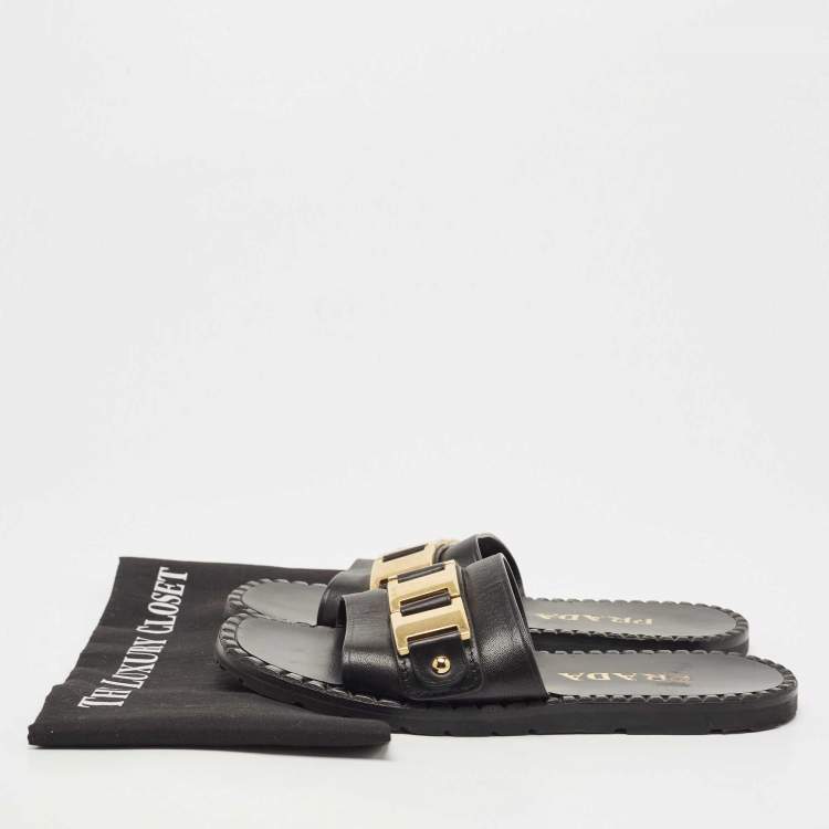 Pre Owned Prada Black Leather Logo Slide Flats Size 38     