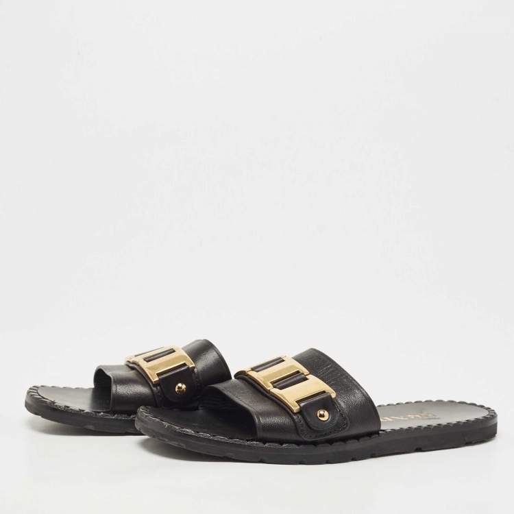 Pre Owned Prada Black Leather Logo Slide Flats Size 38     
