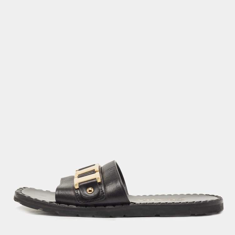 Pre Owned Prada Black Leather Logo Slide Flats Size 38     