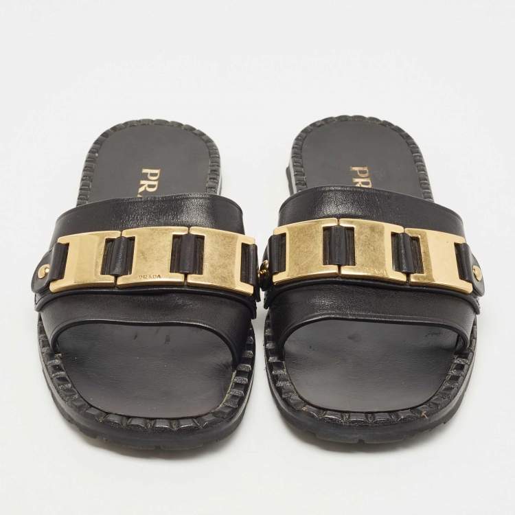 Pre Owned Prada Black Leather Logo Slide Flats Size 38     