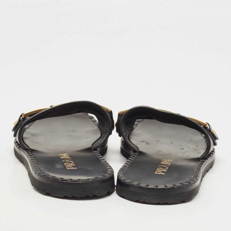 Pre Owned Prada Black Leather Logo Slide Flats Size 38     