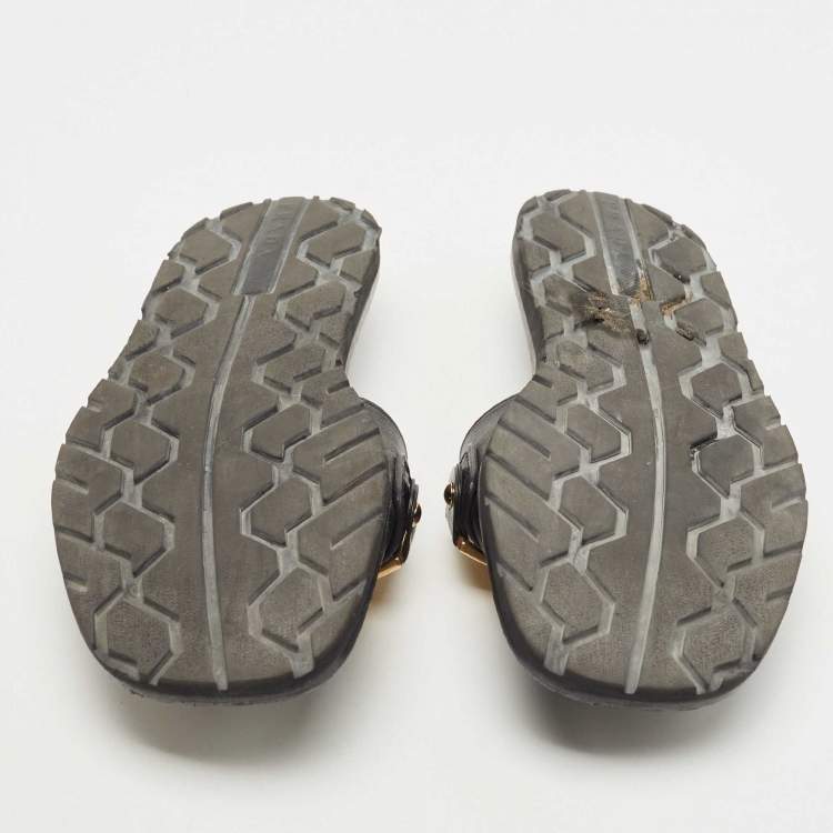 Pre Owned Prada Black Leather Logo Slide Flats Size 38     