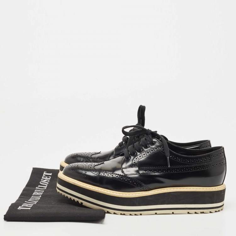 Pre Owned Prada Black Brogue Patent Leather Platform Derby Size 38