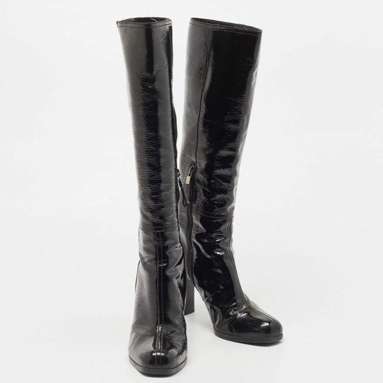 Pre Owned Prada Black Patent Leather Knee Length Boots Size 39