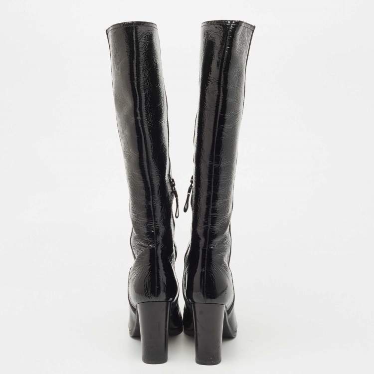 Pre Owned Prada Black Patent Leather Knee Length Boots Size 39