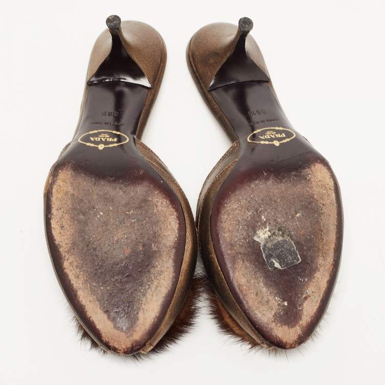 Pre Owned Prada Metallic Bronze Leather and Fur Crystal Embellished Mules Size 38.5