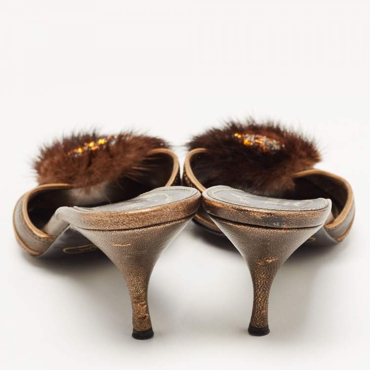 Pre Owned Prada Metallic Bronze Leather and Fur Crystal Embellished Mules Size 38.5